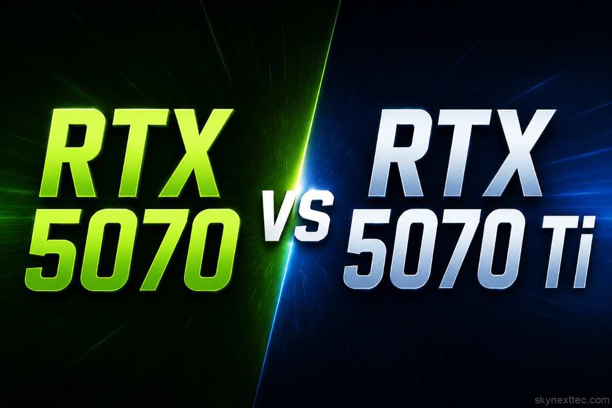 RTX 5070 vs RTX 5070 Ti gaming benchmark comparison feature image with glowing neon text and dark futuristic background