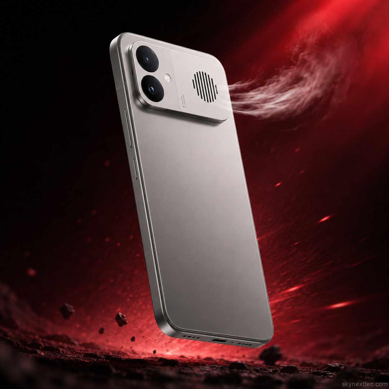 Redmi K90 Max gaming smartphone with built-in cooling fan and dual rear cameras on a dramatic red background