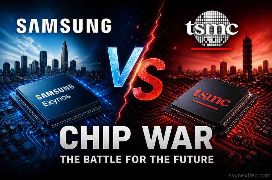 Samsung vs TSMC chip war visual showing semiconductor battle and AI future rivalry