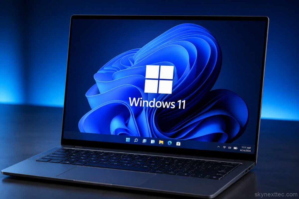 Windows 11 displayed on a modern laptop with blue background lighting showcasing the Windows 11 interface