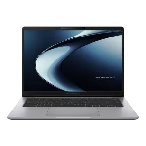 Front view of the sleek, grey ASUS ExpertBook P3 G1 laptop open against a white background, highlighting its modern display and compact design.